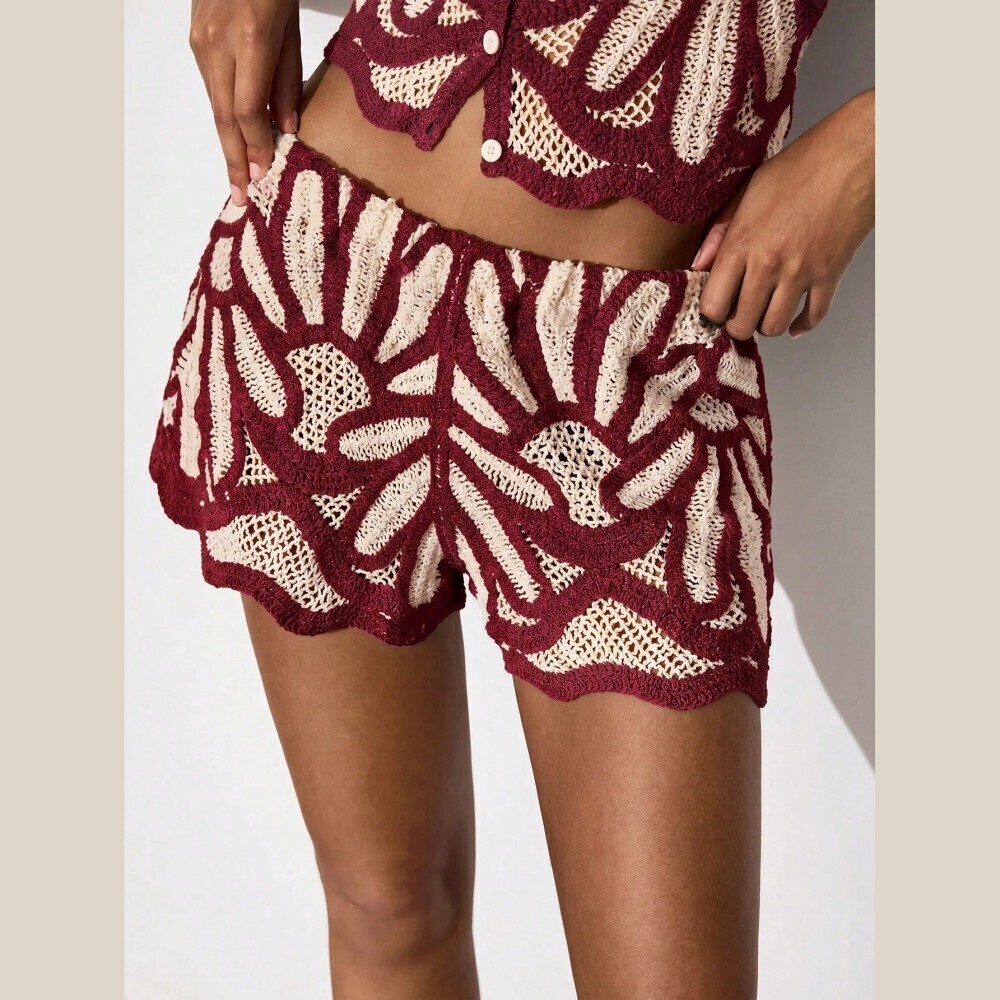 Burgundy Crochet Knit Mini Shorts with Scalloped Hem - Picture 7 of 7